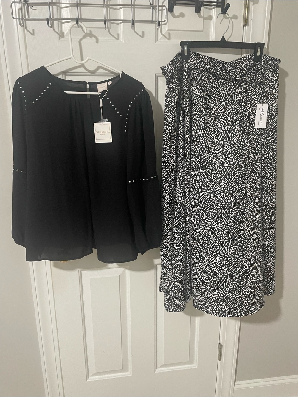 Zac & Rachel 2x Black Blouse with Black & White Printed Maxi Skirt 2x nwt
